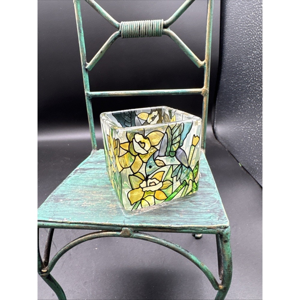 Joan Baker Design Hand Painted Square Votive Featuring Iris & Dragonflies EUC